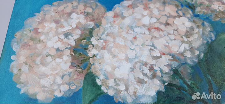 Гортензии в вазе на синем.Картина маслом на холсте