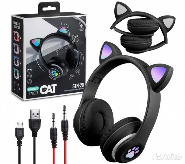 Беспроводные наушники светящиеся с ушками кошки