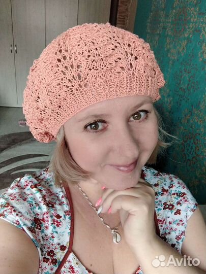 Береты из хлопка, ажурные - ручной работы