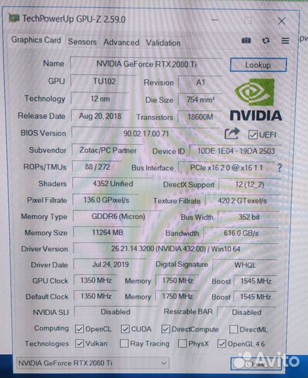 Видеокарта RTX 2080Ti 11Gb Zotac Gaming