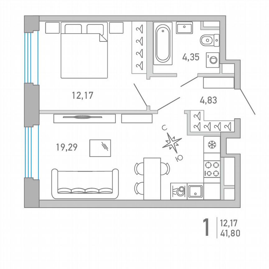 1-к. квартира, 41,8 м², 2/10 эт.