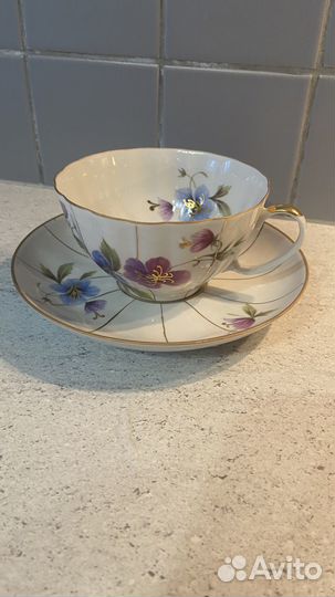 Чайная пара Дулево, костяной фарфор, фиалка