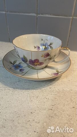 Чайная пара Дулево, костяной фарфор, фиалка