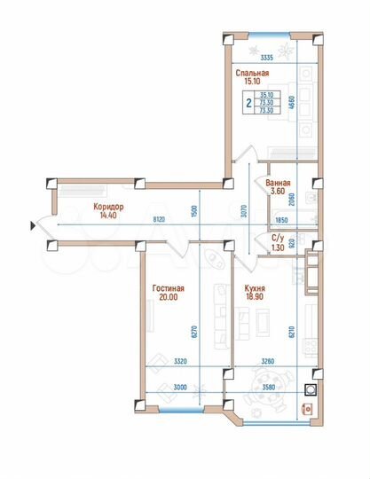 2-к. квартира, 73,3 м², 7/8 эт.