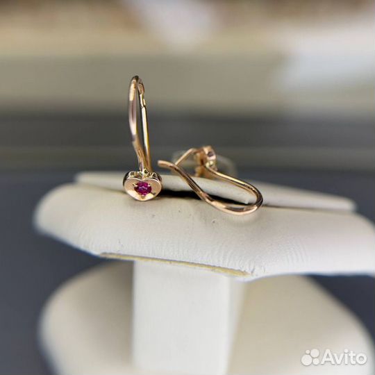 Золотые серьги детские 585 проба золото с рубином