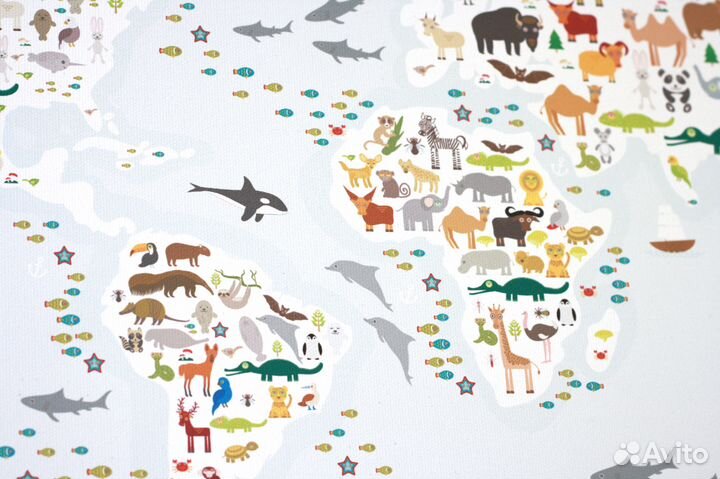 Детская Карта мира с животными на холсте