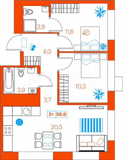 2-к. квартира, 56,9 м², 13/21 эт.