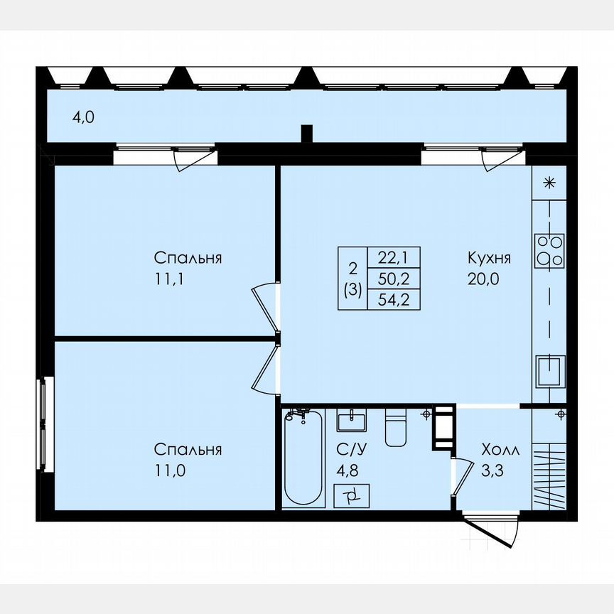 2-к. квартира, 54,2 м², 5/8 эт.