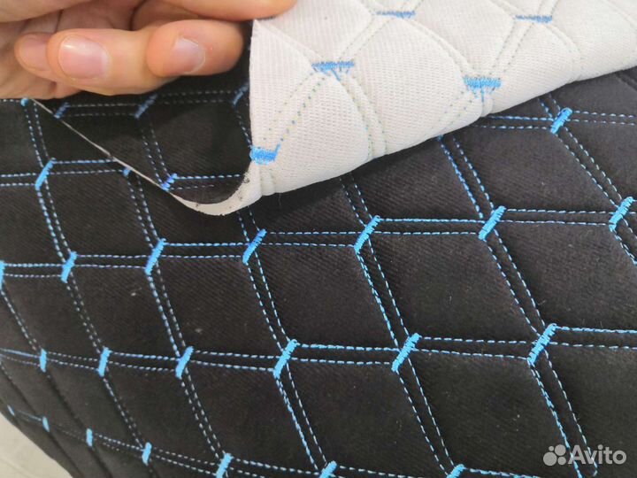 Ткань велюр черный на поролоне 3мм стежка ромб син