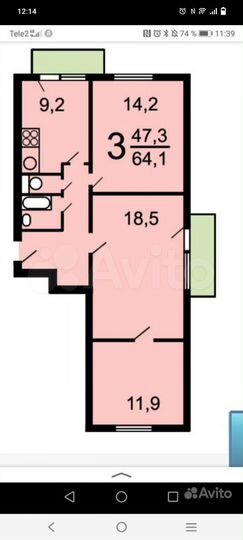 Комната 12 м² в 3-к., 8/12 эт.