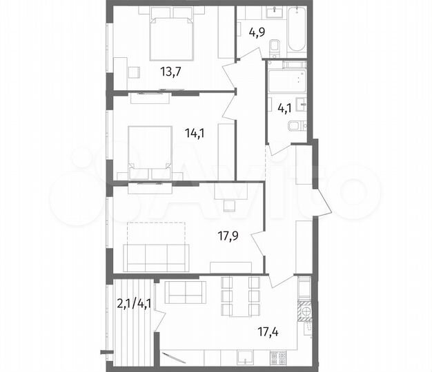 3-к. квартира, 86,9 м², 2/12 эт.