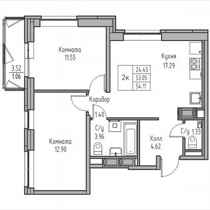 2-к. квартира, 54,1 м², 8/23 эт.