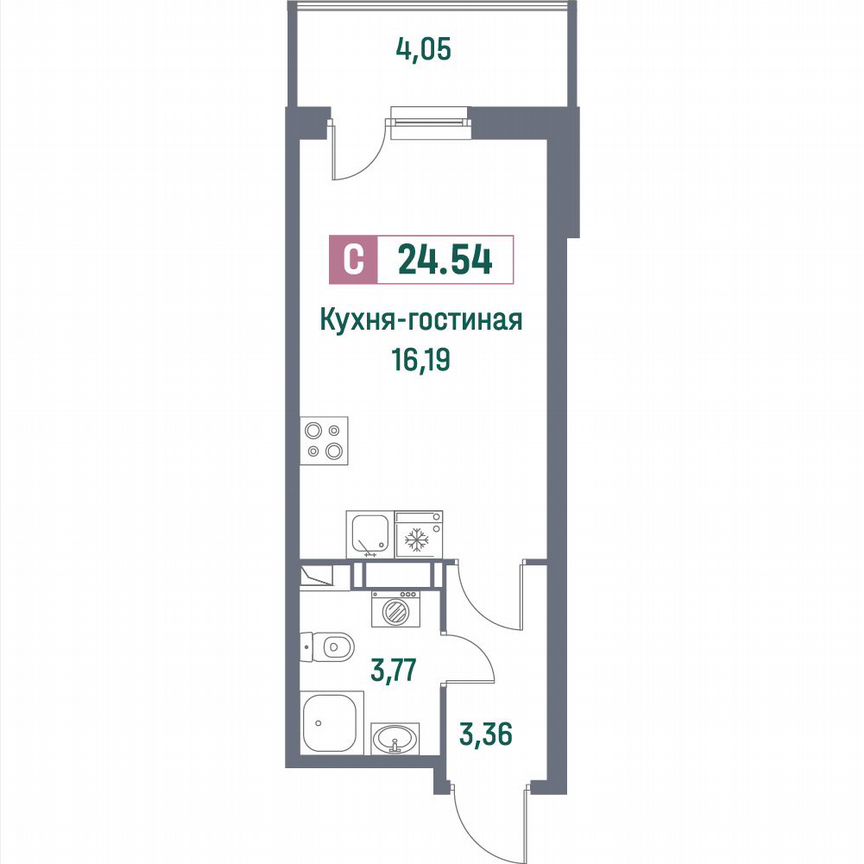 Квартира-студия, 24,9 м², 9/16 эт.