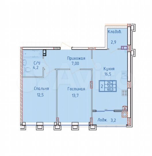 2-к. квартира, 60 м², 4/8 эт.