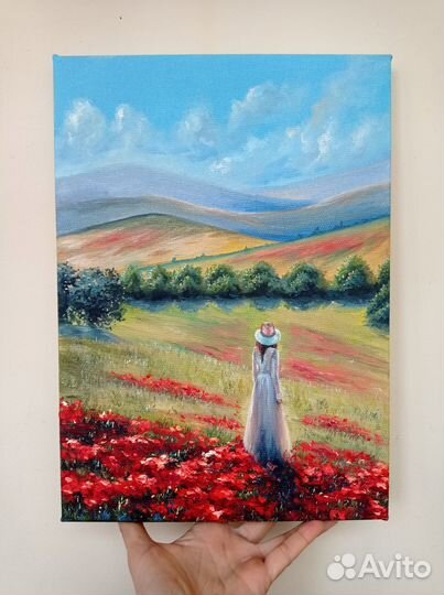 Картина маслом маки, девушка в маковом поле