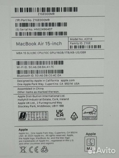 Apple Macbook Air M3 15 8/10 Core 16GB/1TB Silver