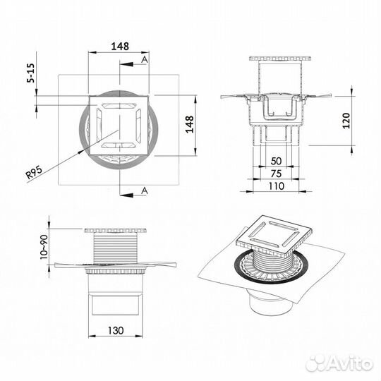 Душевой трап Berges Wasserhaus Zentrum Norma 150x