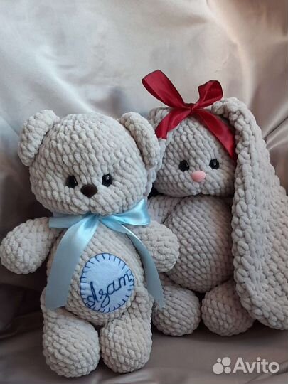Вязанные игрушки зайка, мишка ручной работы