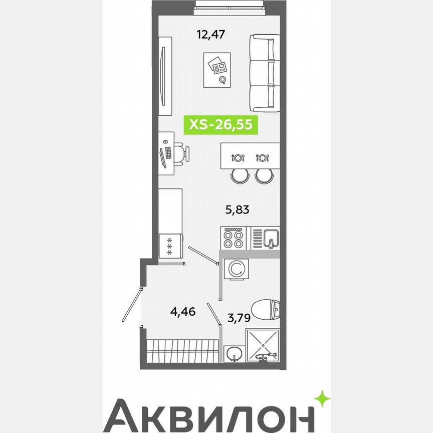 Квартира-студия, 26,6 м², 1/12 эт.