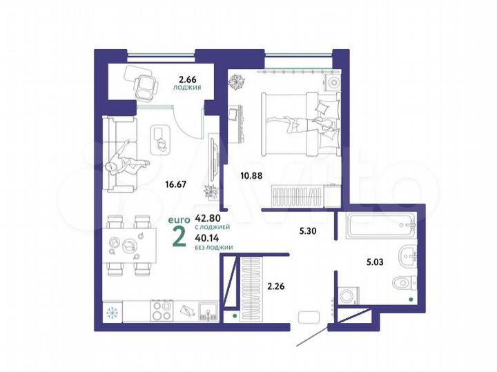 2-к. квартира, 42,8 м², 15/18 эт.