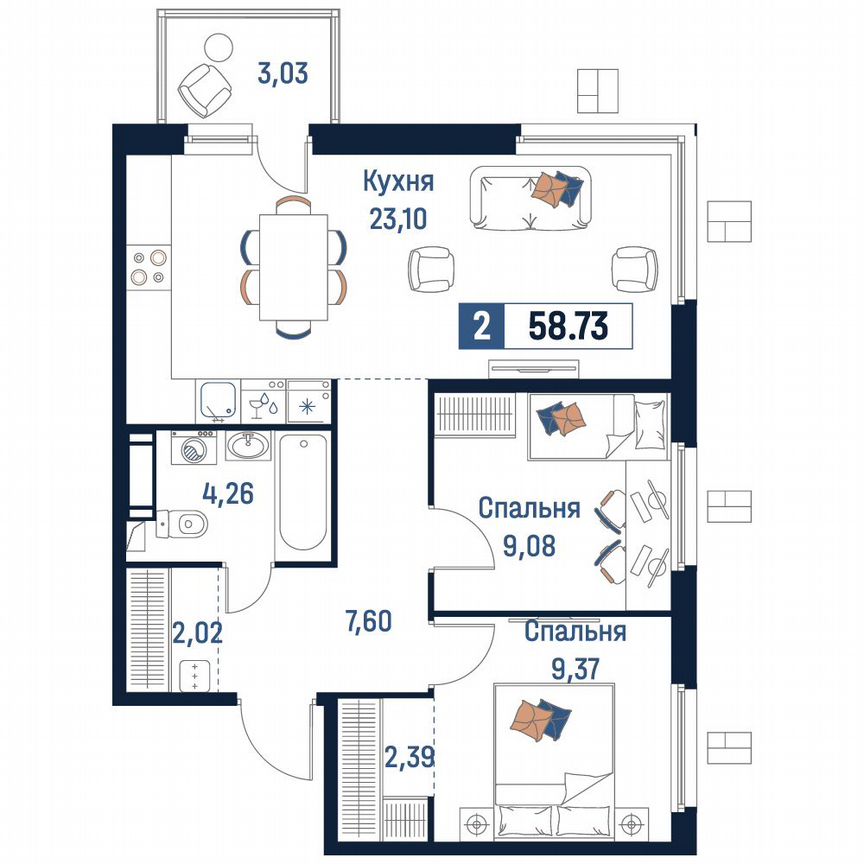 2-к. квартира, 58,7 м², 8/18 эт.
