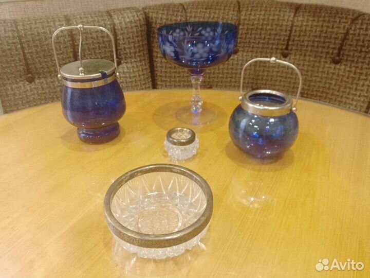 Сахарница конфетница СССР синее стекло