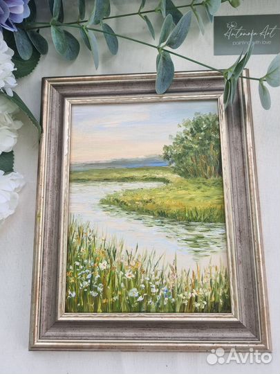 Картина маслом пейзаж река природа картина