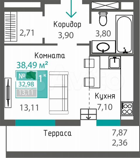 1-к. квартира, 38,5 м², 8/8 эт.