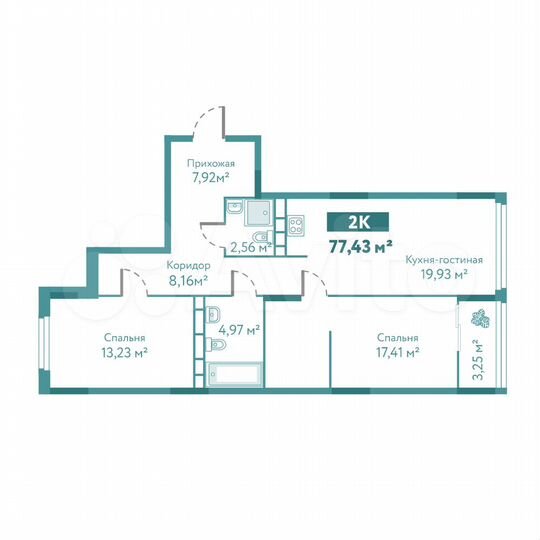 2-к. квартира, 77,4 м², 3/10 эт.