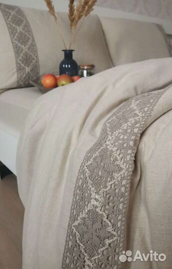 Комплекты лён Евро с кружевом, простыни лён Олива
