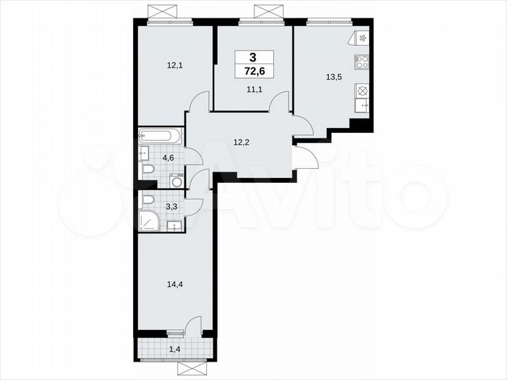 3-к. квартира, 72,6 м², 9/19 эт.