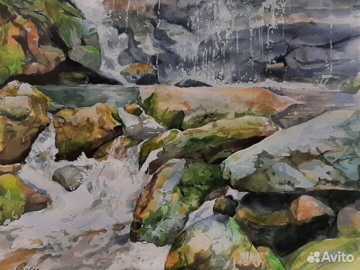 Картина акварелью; Пещерский водопад