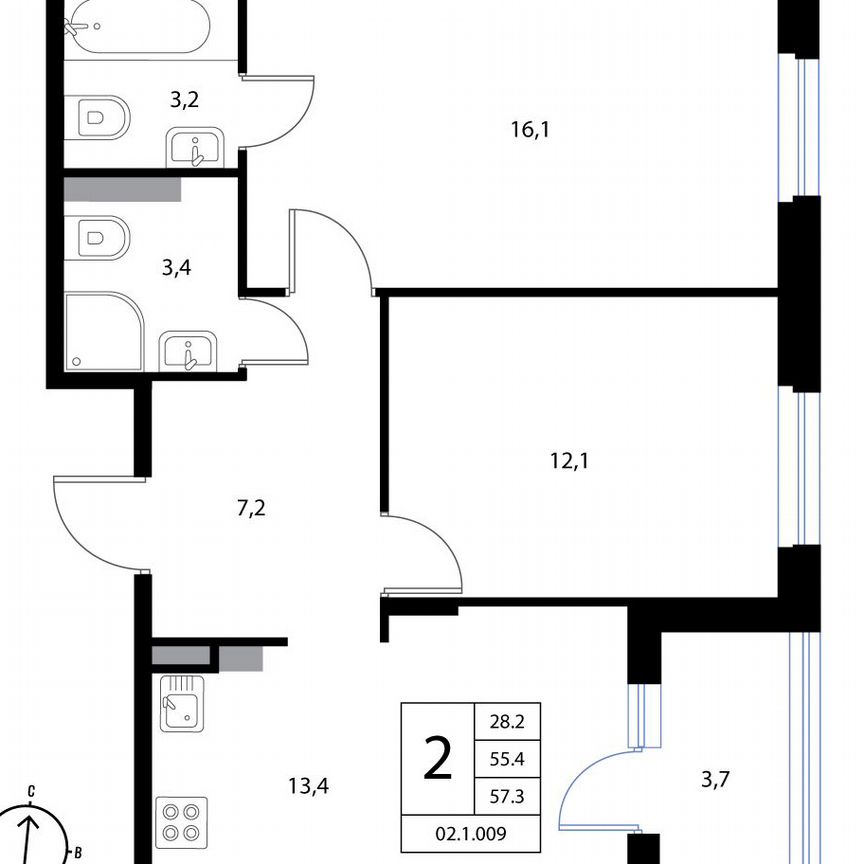 2-к. квартира, 57,3 м², 2/3 эт.