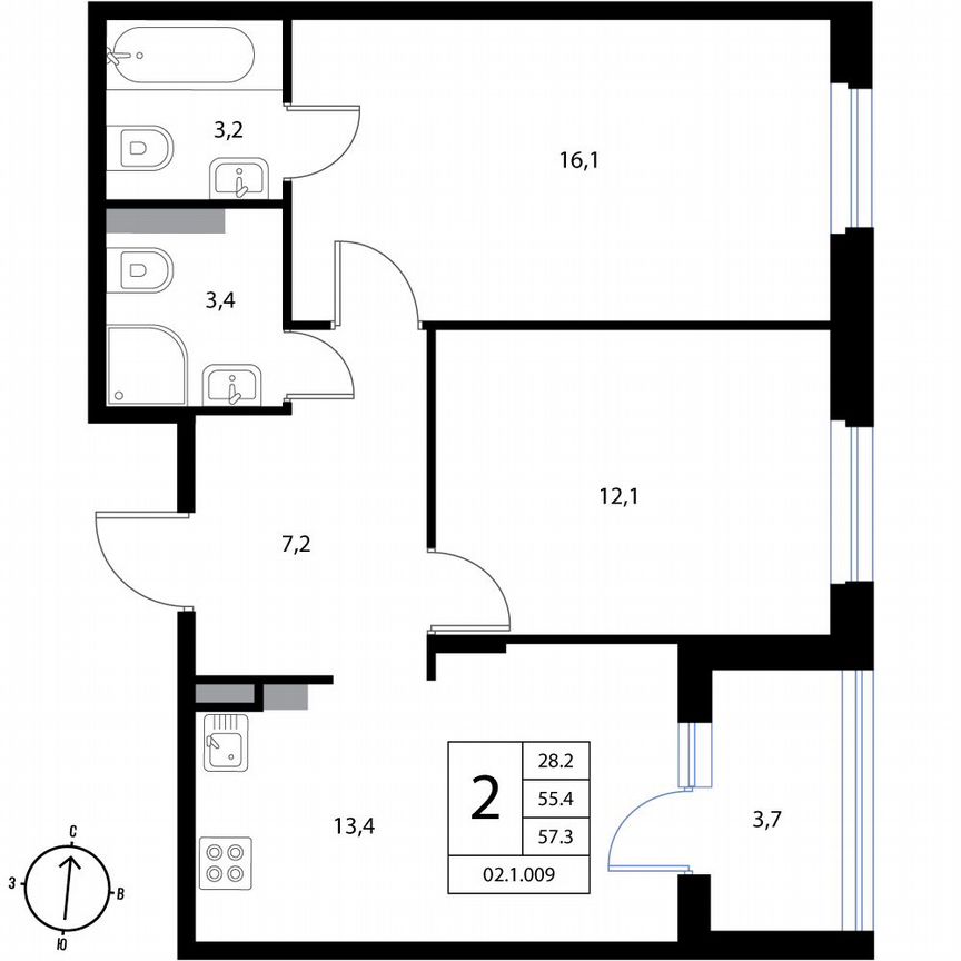 2-к. квартира, 57,3 м², 2/3 эт.
