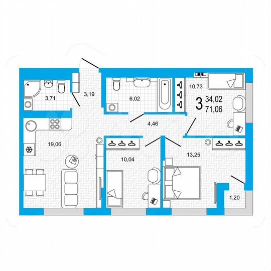 3-к. квартира, 71,1 м², 11/22 эт.
