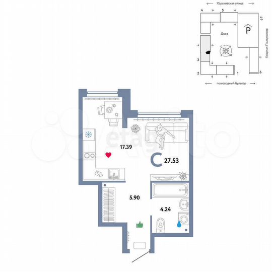 Квартира-студия, 27,5 м², 21/25 эт.