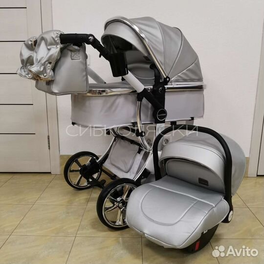 Коляска Luxmom 608 2в1 и 3в1 экокожа серебро