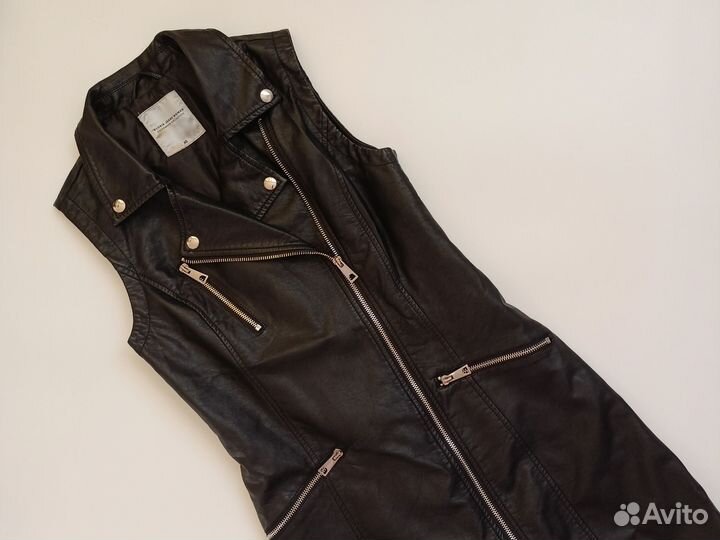 Платье кожаное мини чёрное XS сарафан из кожи 40