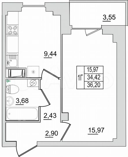 1-к. квартира, 36,2 м², 5/13 эт.