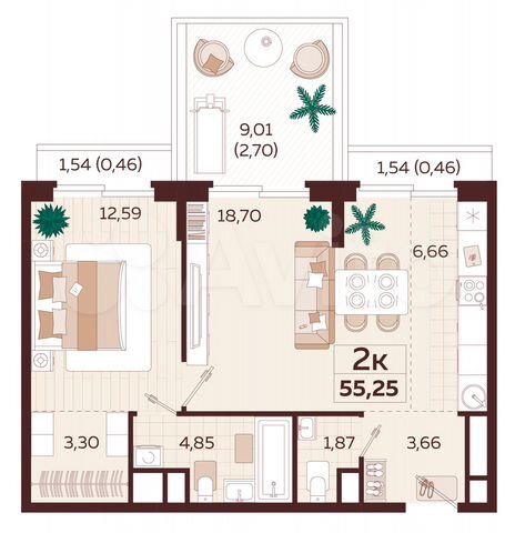 2-к. квартира, 54,4 м², 7/9 эт.