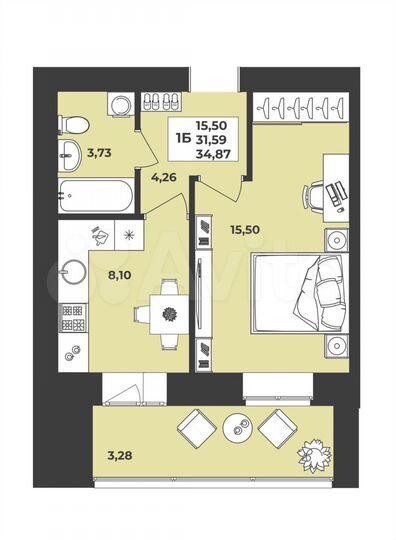 1-к. квартира, 34,9 м², 7/8 эт.