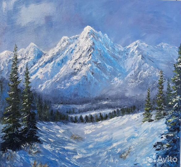 Картина маслом, горы, пейзаж