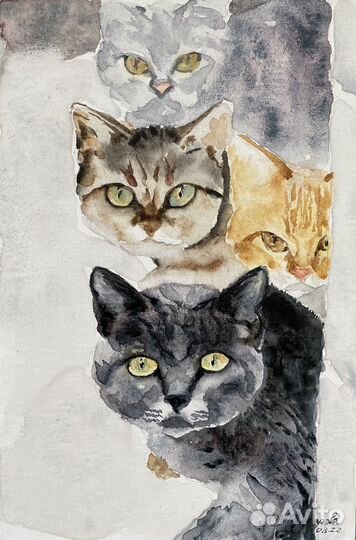 Картина, Кот в окне, Коты за углом. Акварель