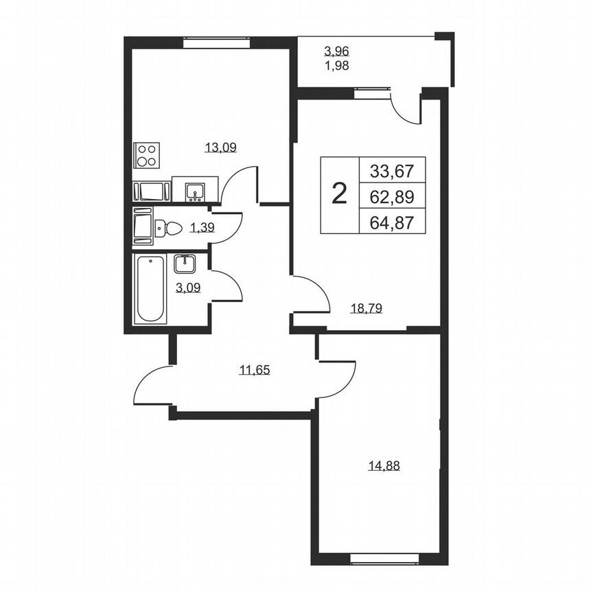 2-к. квартира, 64,9 м², 15/19 эт.