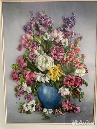 Картина, букет цветов, вышивка лентами