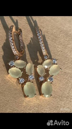 Серьги золото, пренит с фианитами
