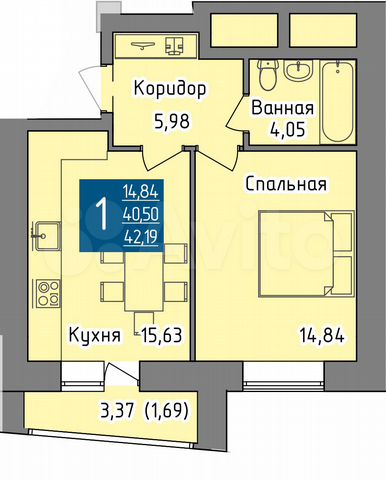 1-к. квартира, 42,2 м², 2/19 эт.