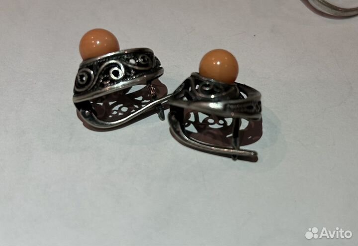 Коралловый комплект серьги и кольцо