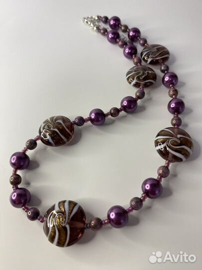 Фиолетовые бусы муранское стекло 46 см