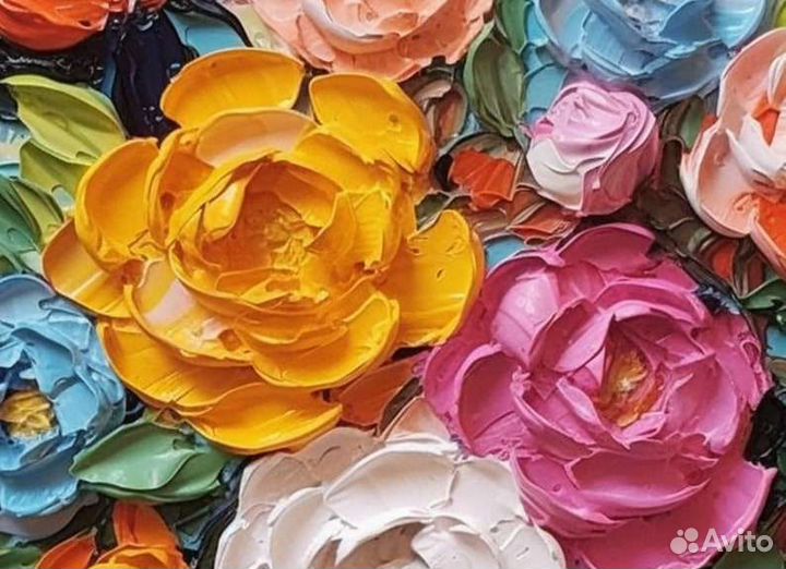 Яркая текстурная картина маслом объёмные цветы